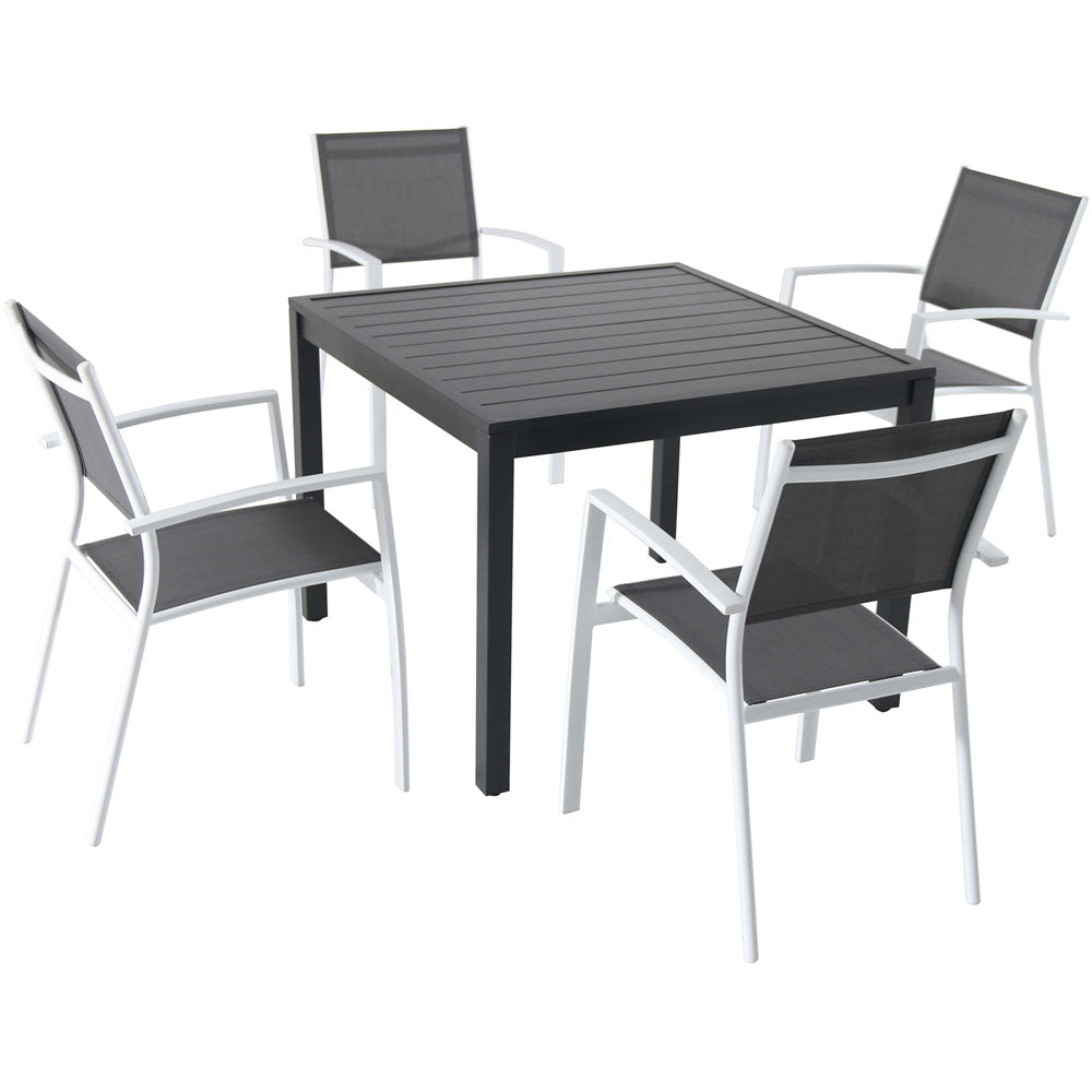 Hanover NAPDNS5PCSQ-WHT Naples5pc: 4 Aluminum Sling Back Chairs, 38" Sq Slat Top Table