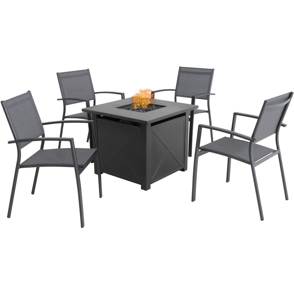 Hanover NAPLES5PCSLFP-GRY Naples 5pc Fire Pit: 4 Alum Sling Chairs and Tile Top Fire Pit