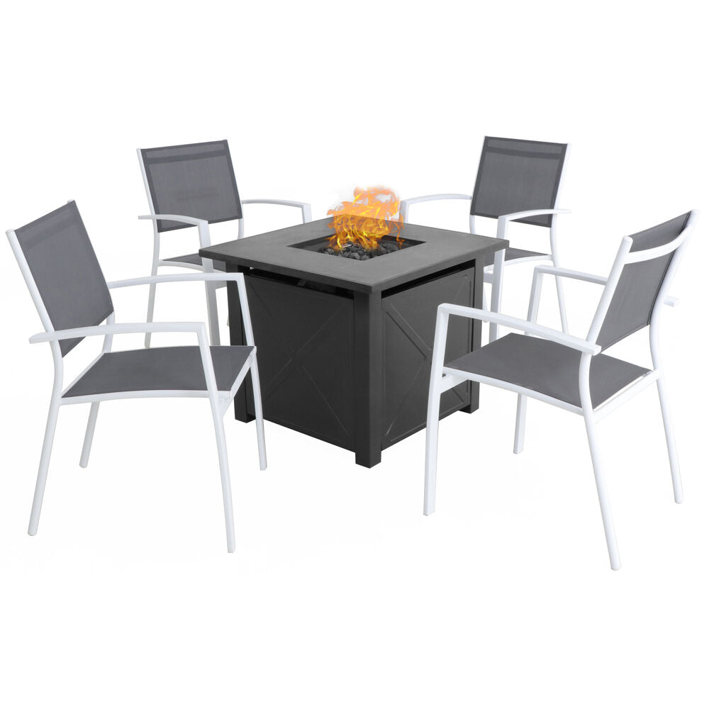 Hanover NAPLES5PCSLFP-WG Naples 5pc Fire Pit: 4 Alum Sling Chairs and Tile Top Fire Pit