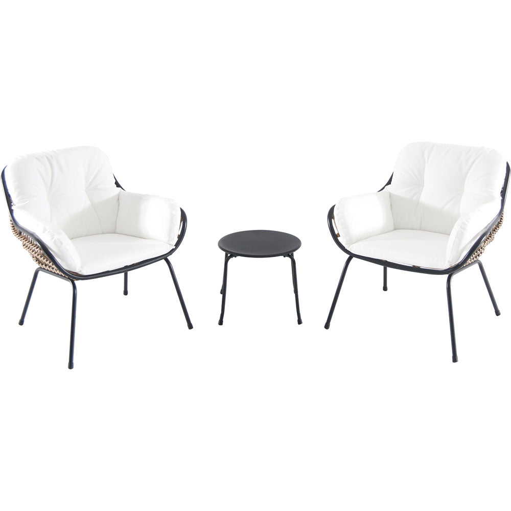 Hanover NAYA3PC-WHT 3pc Seating Set: 2 steel side chairs, accent table