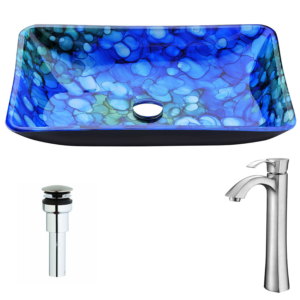 ANZZI LSAZ040-095B Voce Series Deco-Glass Vessel Sink in Lustrous Blue with Harmony Faucet in Brushed Nickel