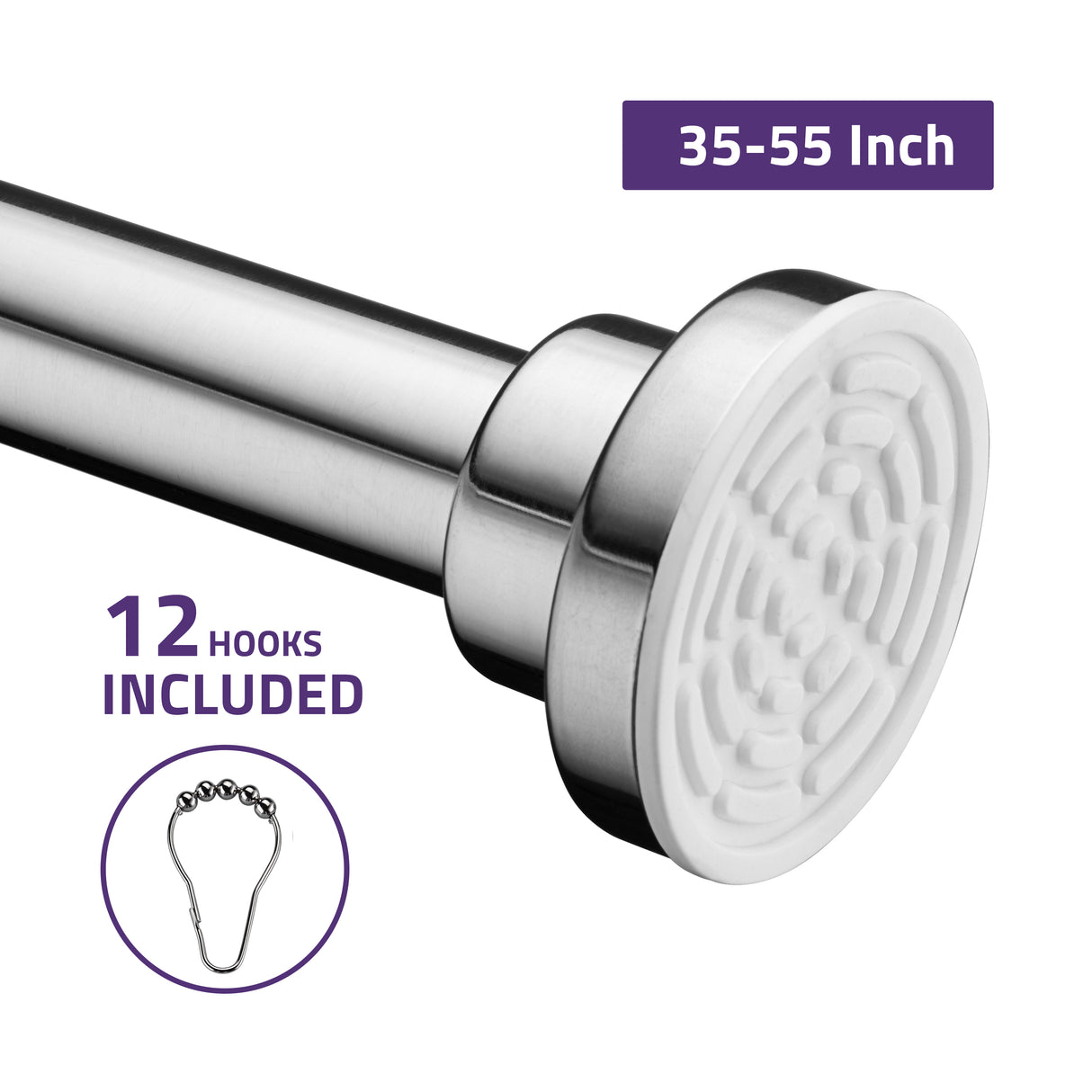 ANZZI AC-AZSR55CH 35-55 Inches Shower Curtain Rod with Shower Hooks in Polished Chrome | Adjustable Tension Shower Doorway Curtain Rod | Rust Resistant No Drilling Anti-Slip Bar for Bathroom | AC-AZSR55CH