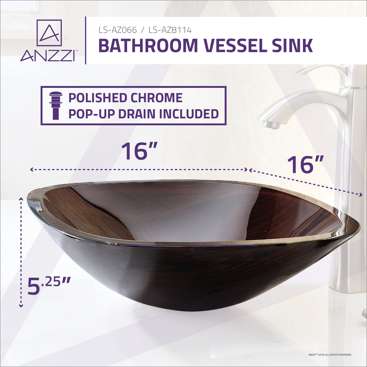 ANZZI LS-AZ066 Cansa Series Deco-Glass Vessel Sink in Rich Timber