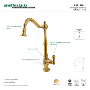 Kingston Brass KS1192AL Heritage Cold Water Filtration Faucet, Polished Brass