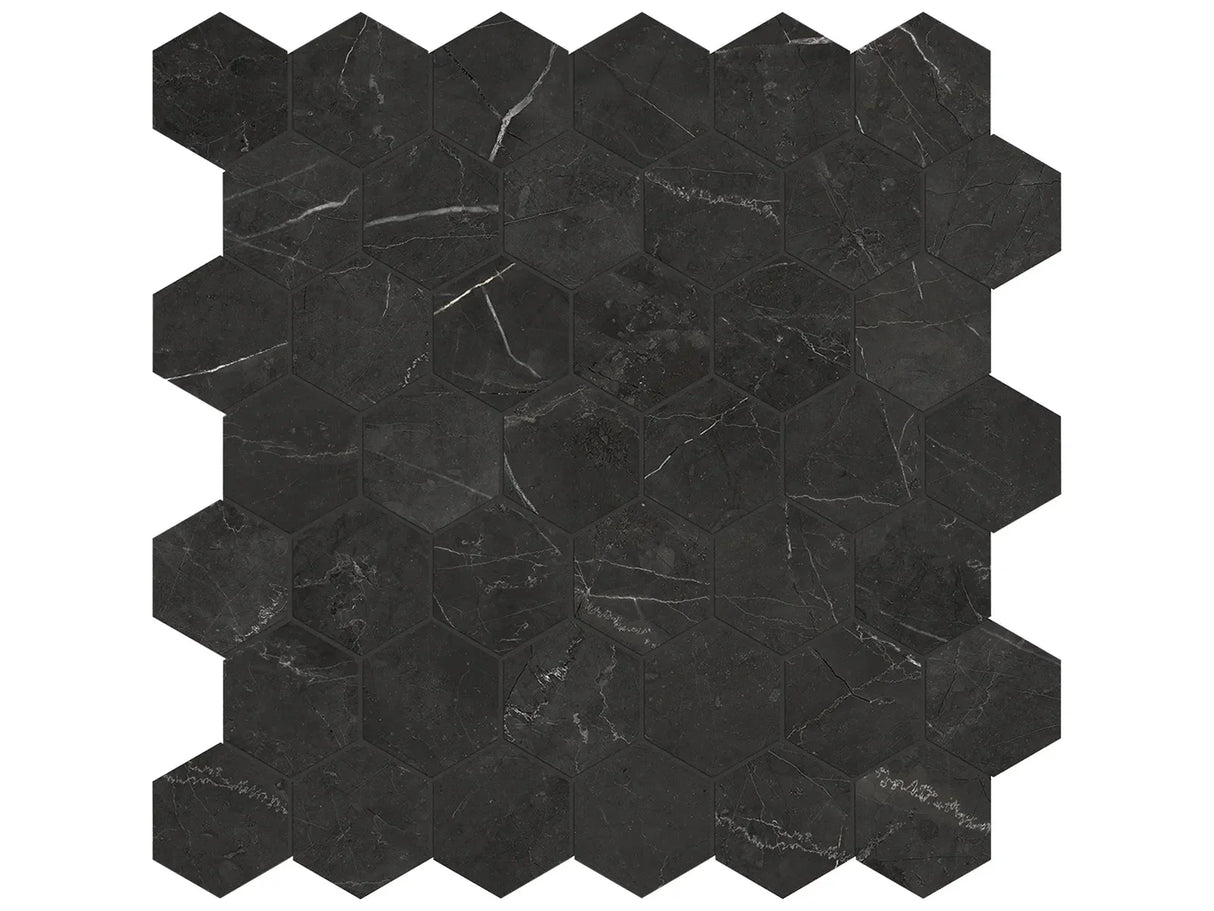 Anatolia Tile La Marca 2 Inch Hexagon Nero Polished Porcelain Mosaics. 1 Sheet = .96 Sq. Ft. 4501-0339-0 Nero Venato 2" Hexagon Polished - premium natural stone mosaic tile from Anatolia Tile, available at PoshHaus showroom in Keene, NH