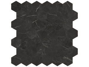 Anatolia Tile La Marca 2 Inch Hexagon Nero Polished Porcelain Mosaics. 1 Sheet = .96 Sq. Ft. 4501-0339-0 Nero Venato 2" Hexagon Polished - premium natural stone mosaic tile from Anatolia Tile, available at PoshHaus showroom in Keene, NH