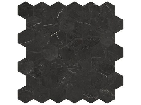 Anatolia Tile La Marca 2 Inch Hexagon Nero Polished Porcelain Mosaics. 1 Sheet = .96 Sq. Ft. 4501-0339-0 Nero Venato 2" Hexagon Polished - premium natural stone mosaic tile from Anatolia Tile, available at PoshHaus showroom in Keene, NH