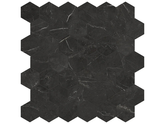 Anatolia Tile La Marca 2 Inch Hexagon Nero Polished Porcelain Mosaics. 1 Sheet = .96 Sq. Ft. 4501-0339-0 Nero Venato 2" Hexagon Polished - premium natural stone mosaic tile from Anatolia Tile, available at PoshHaus showroom in Keene, NH