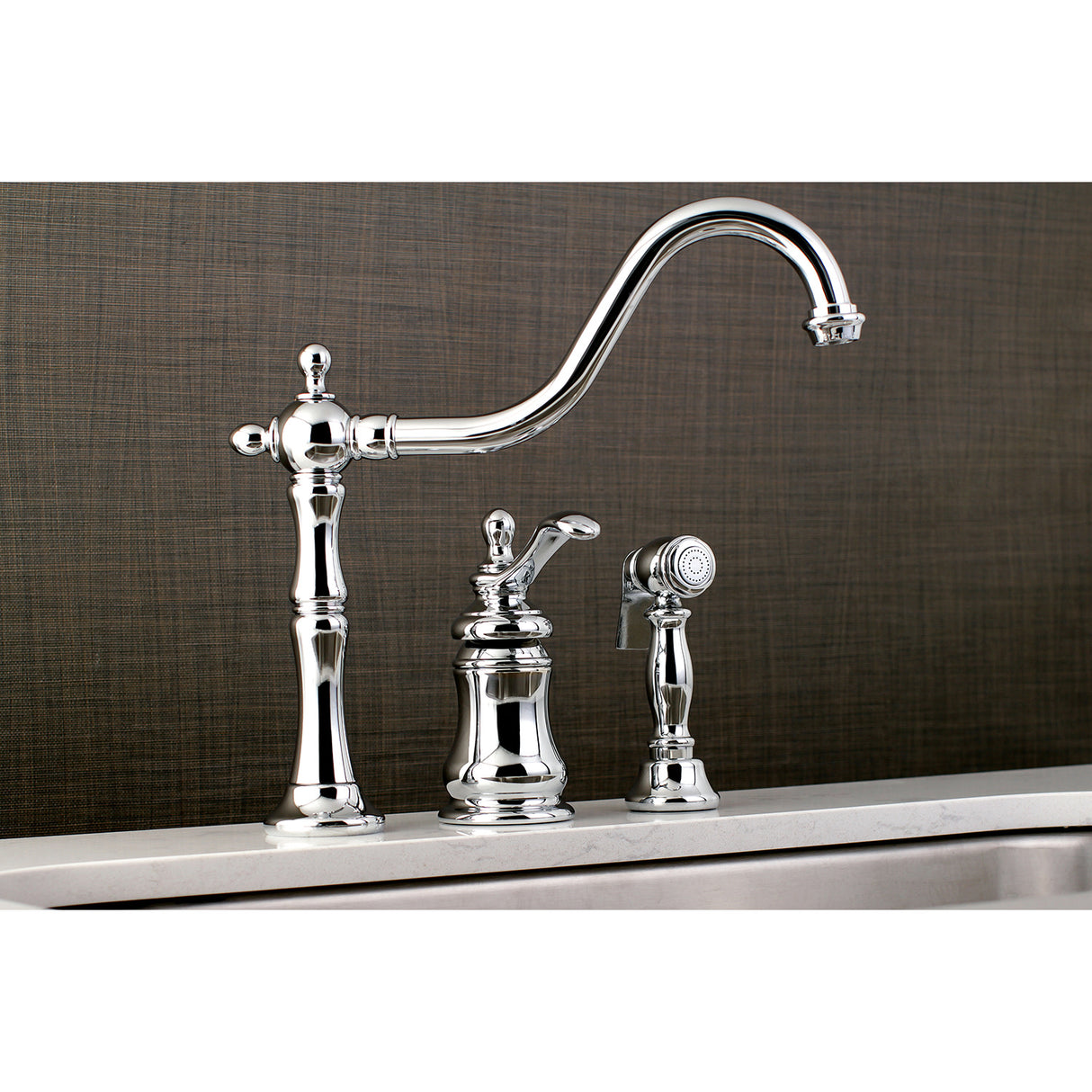 Kingston Brass KS7801TPLBS Templeton Single-Handle Widespread Kitchen Faucet with Brass Sprayer, Polished Chrome