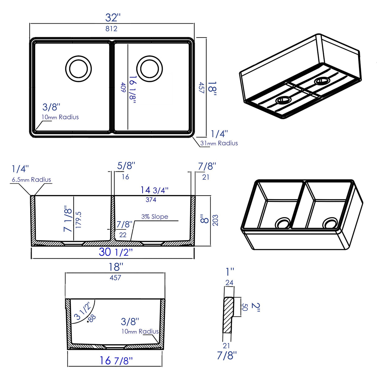 ALFI brand AB512UM-W 32 inch White Double Bowl Fireclay Undermount Kitchen Sink