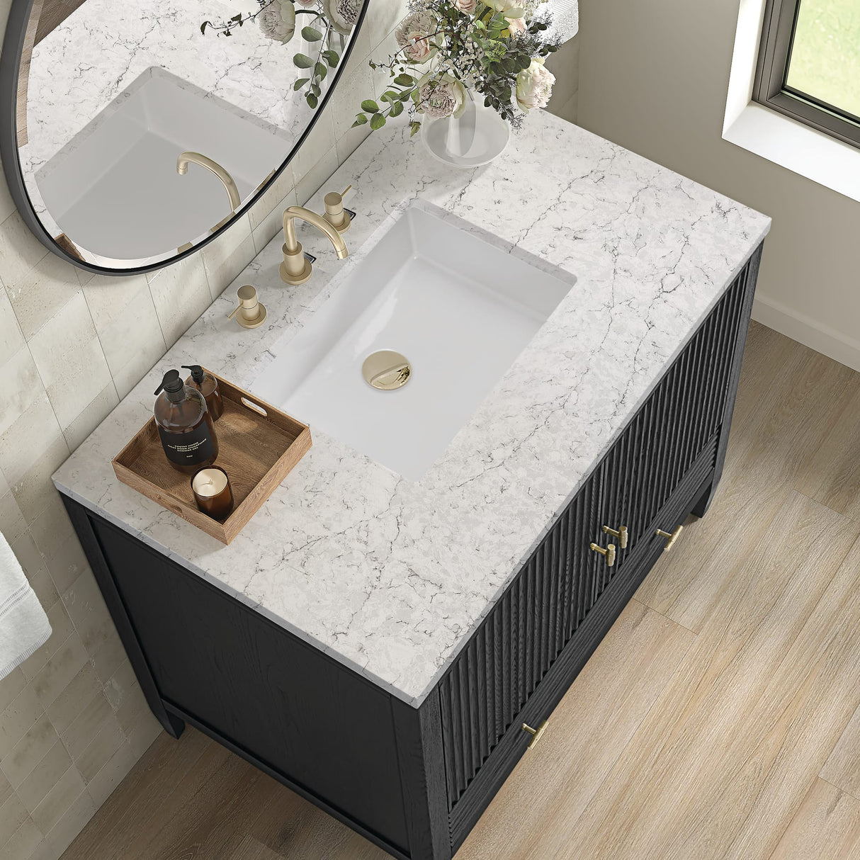 Myrrin 36" Vanity, Carbon Oak w/ 3 CM Eternal Jasmine Pearl Silestone Top