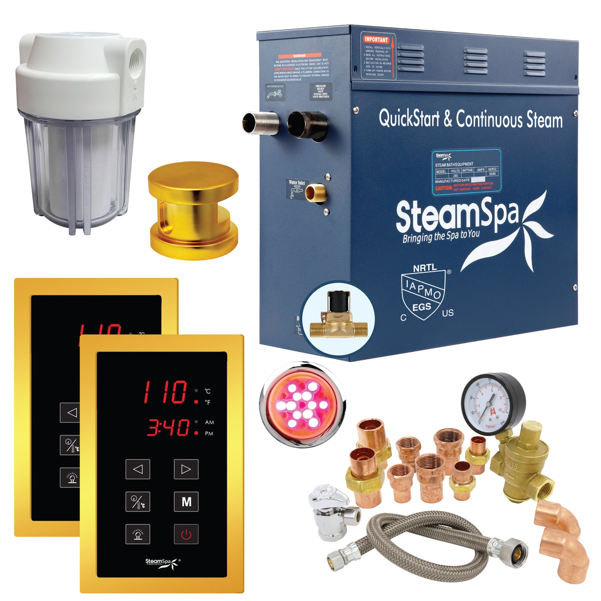 SteamSpa Executive 4.5 KW QuickStart Acu-Steam Bath Generator Package with Built-in Auto Drain and Install Kit in Polished Gold | Steam Generator Kit with Dual Control Panel Steamhead 240V | EXT450GD-A EXT450GD-A
