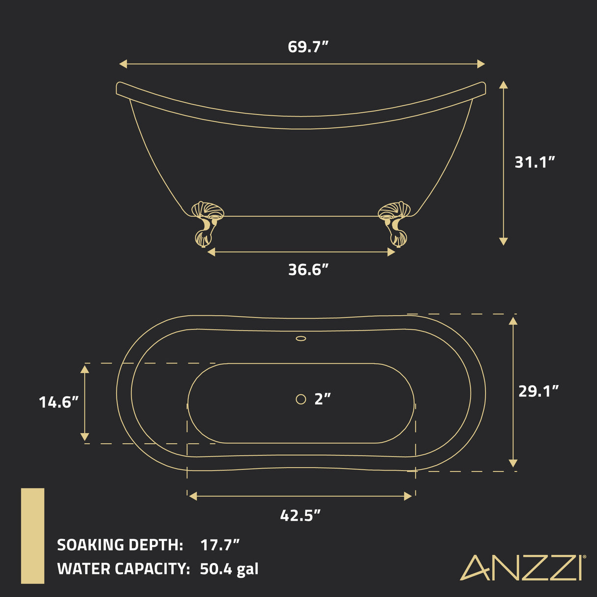 ANZZI FT-AZ132BG Falco 5.8 ft. Claw Foot One Piece Acrylic Freestanding Soaking Bathtub in Glossy White with Brushed Gold Feet