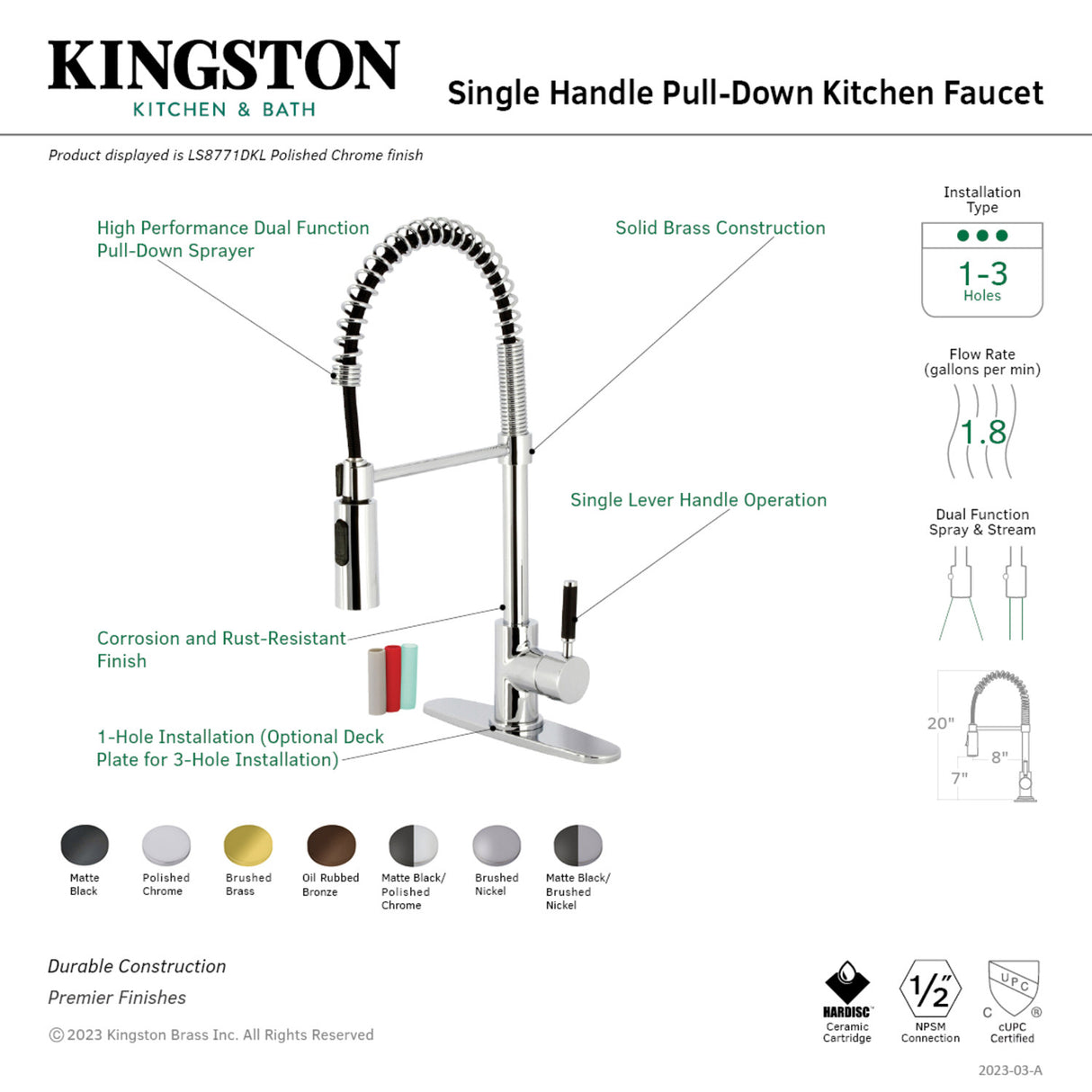 Gourmetier LS8779DKL Kaiser Single-Handle Pre-Rinse Kitchen Faucet, Matte Black/Brushed Nickel