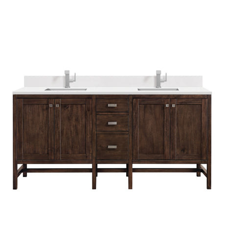 Addison 72" Double Vanity, Mid-Century Acacia w/ Single Hole 3 CM White Zeus Silestone Top & Backsplash
