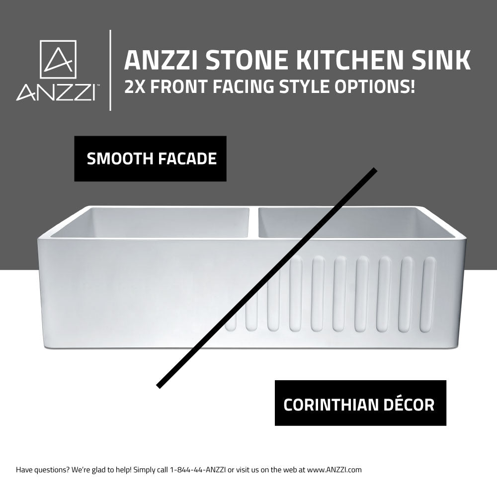 ANZZI K-AZ227-2B Roine Farmhouse Reversible Apron Front Solid Surface 33 in. 50/50 Basin Kitchen Sink in White