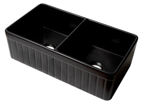 Black Matte Smooth Apron 33" x 18" Double Bowl Fireclay Farm Sink