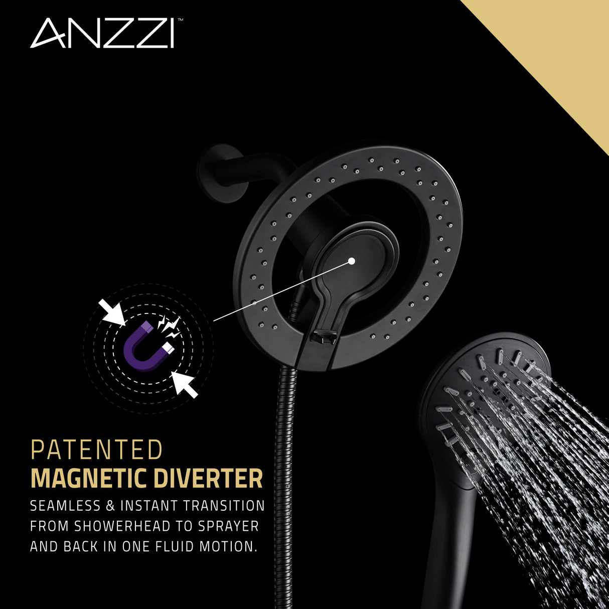 ANZZI SH-AZ067MB Valkyrie Retro-Fit 3-Spray Patterns with 7.48 in. Wall Mounted Dual Shower Heads with Magnetic Divert in Matte Black