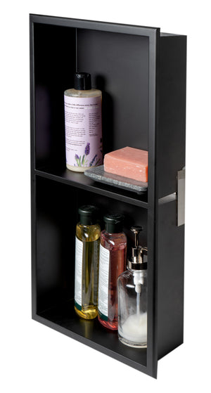 ALFI brand 12 x 24 Black Matte Stainless Steel Vertical Double Shelf Bath Shower Niche