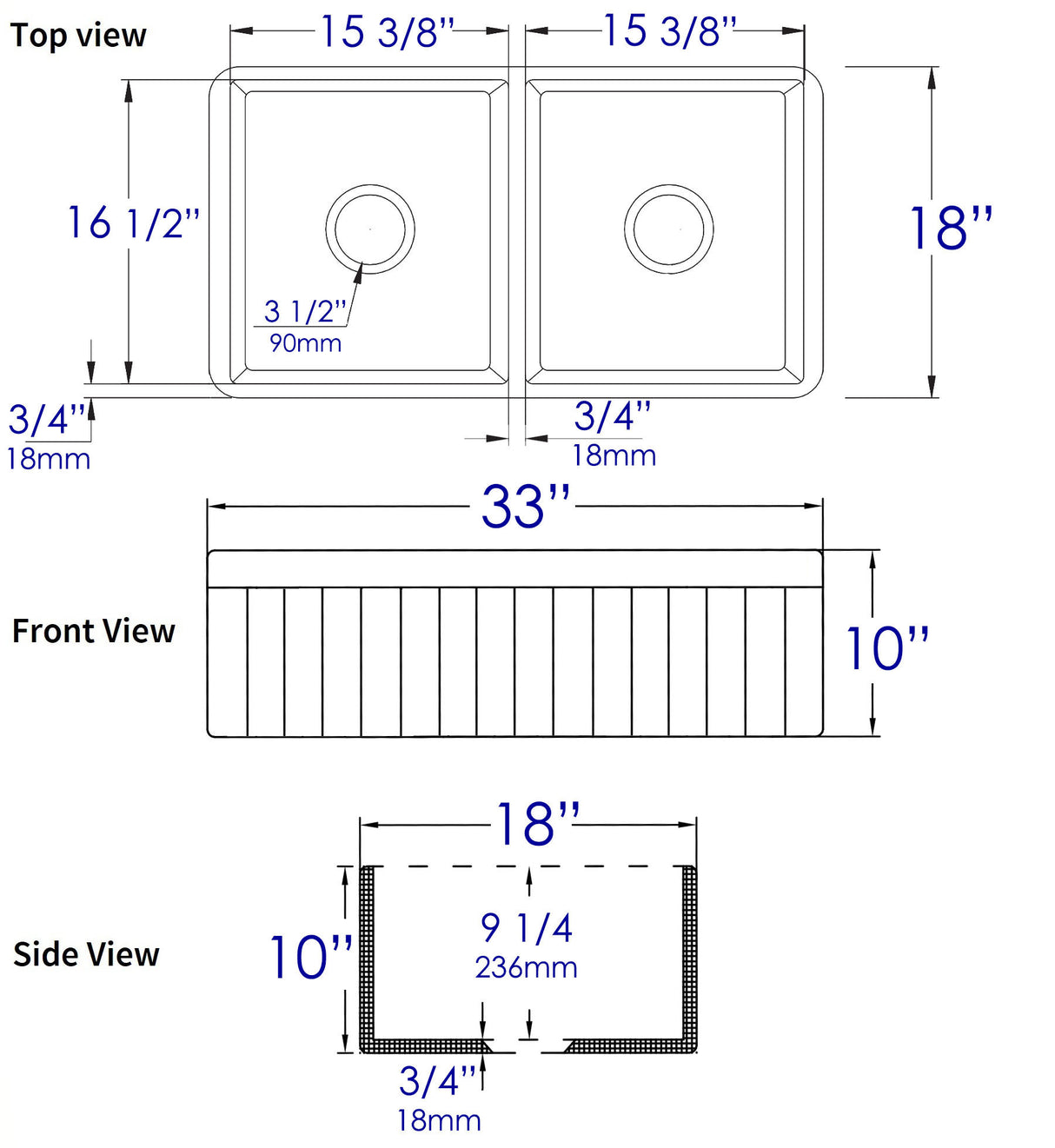 Gray Matte Smooth Apron 33" x 18" Double Bowl Fireclay Farm Sink