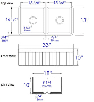 Gray Matte Smooth Apron 33" x 18" Double Bowl Fireclay Farm Sink