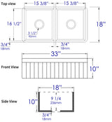 Black Matte Smooth Apron 33" x 18" Double Bowl Fireclay Farm Sink