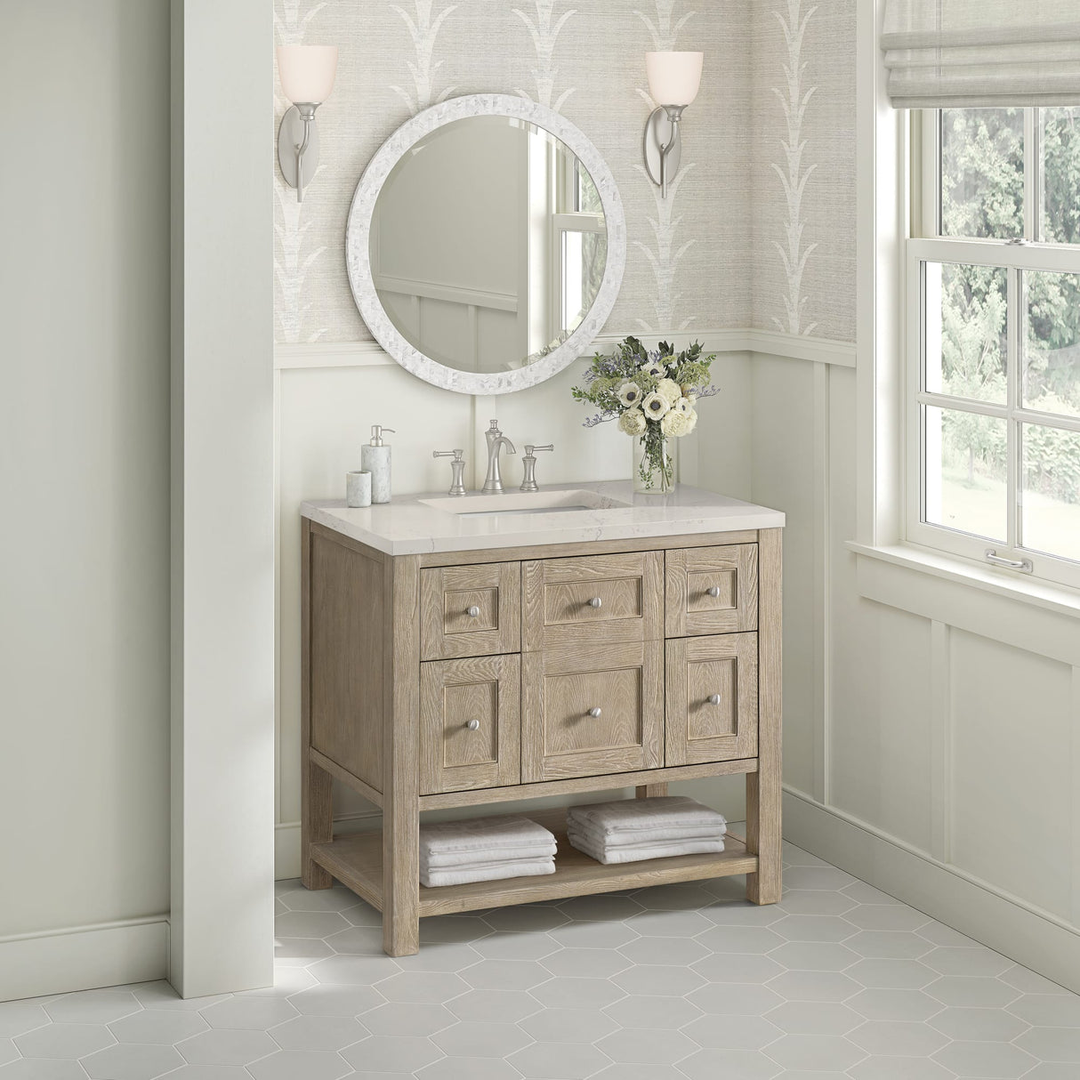 Breckenridge 36" Single Vanity, Whitewashed Oak, w/ 3 CM Siberian Silestone Top