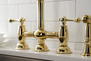 Kingston Brass KS3792BLBS Restoration Bridge Kitchen Faucet with Brass Sprayer, Polished Brass