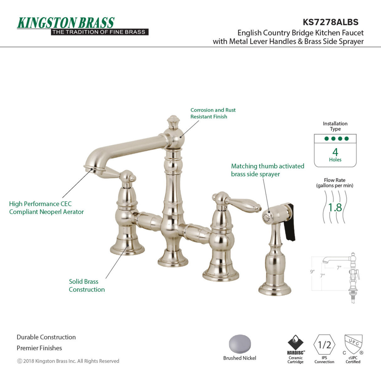 Kingston Brass KS7278ALBS Kitchen Faucet with Side Sprayer, Brushed Nickel