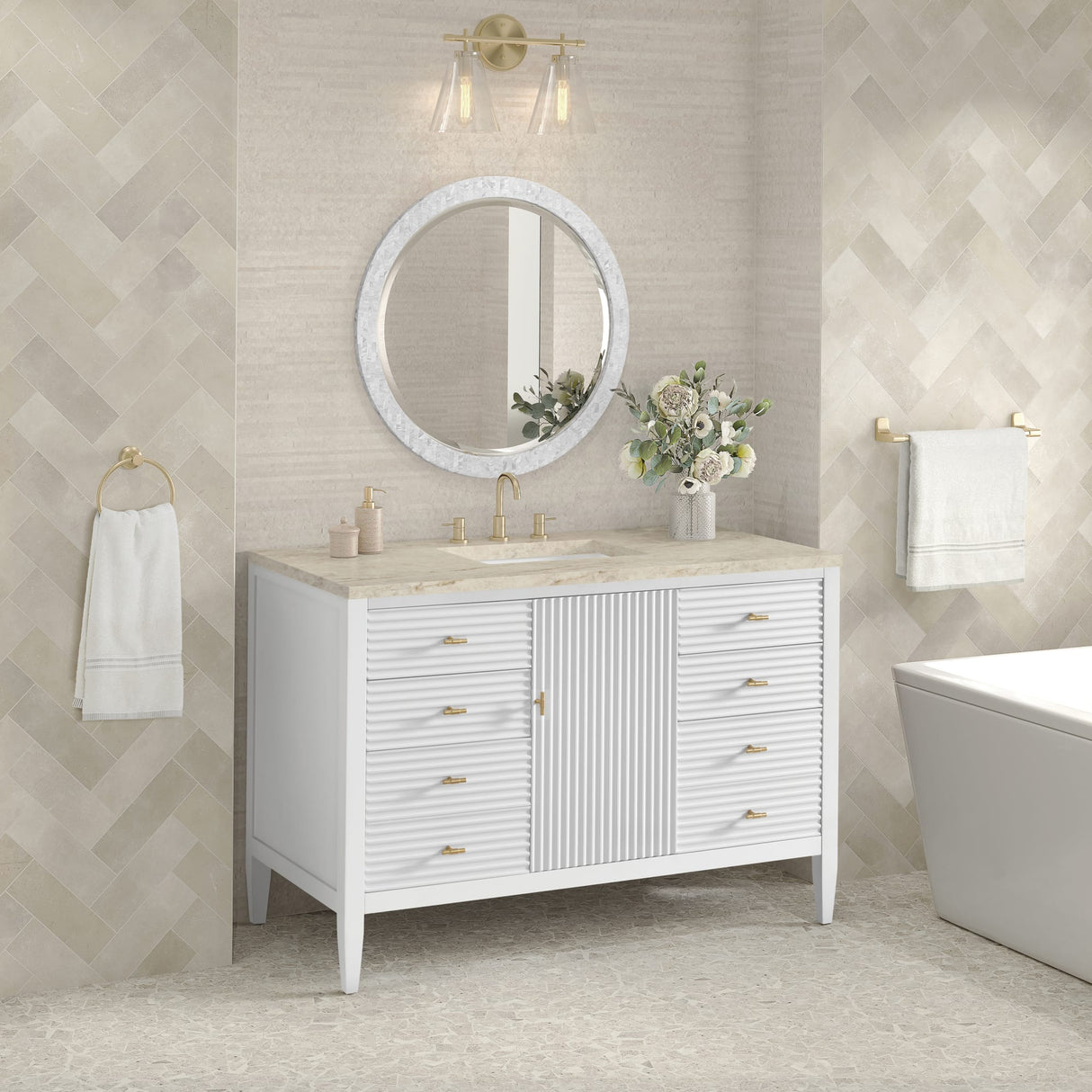 Myrrin 48" Single Vanity, Bright White, w/ 3 CM Tajnar Eclos Top w/FreePower Wireless Charger