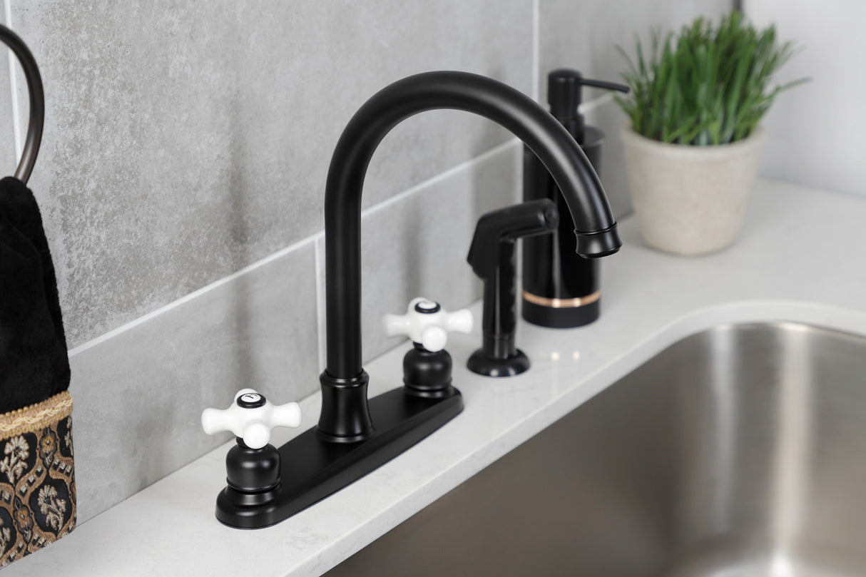 Kingston Brass FB7790PXSP Victorian 8" Centerset Kitchen Faucet with Sprayer, Matte Black