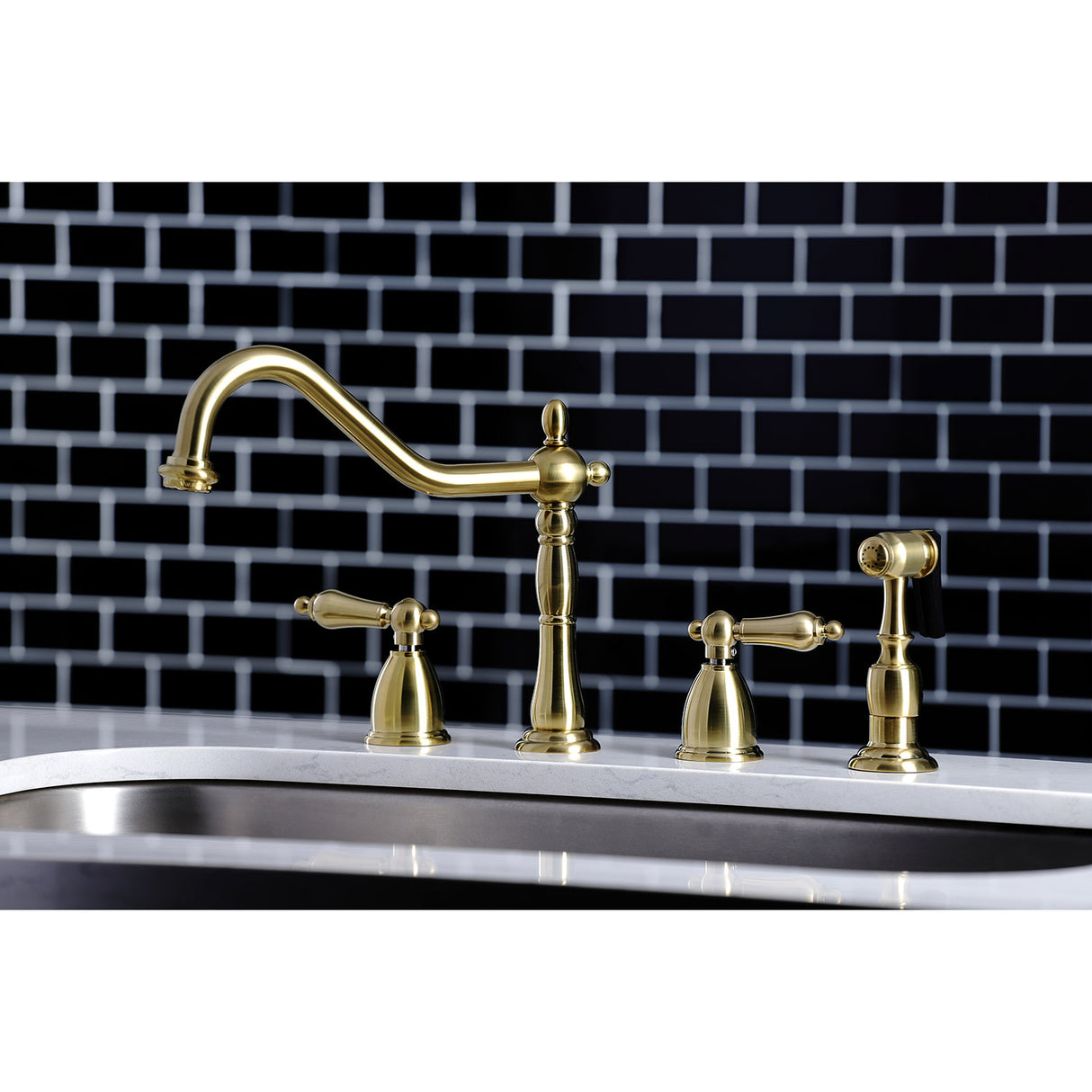 Kingston Brass KB1797ALBS 8-Inch Widespread Kitchen Faucet with Brass Sprayer, Brushed Brass