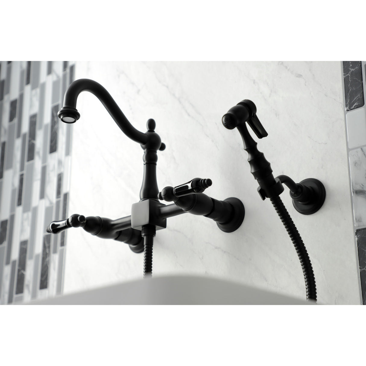 Kingston Brass KS1260PKLBS Duchess Wall Mount Bridge Kitchen Faucet with Brass Sprayer, Matte Black