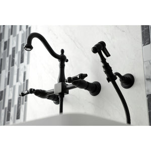 Kingston Brass KS1260PKLBS Duchess Wall Mount Bridge Kitchen Faucet with Brass Sprayer, Matte Black