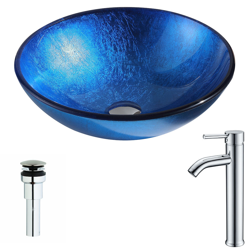 ANZZI LSAZ027-041 Clavier Series Deco-Glass Vessel Sink in Lustrous Blue with Fann Faucet in Chrome
