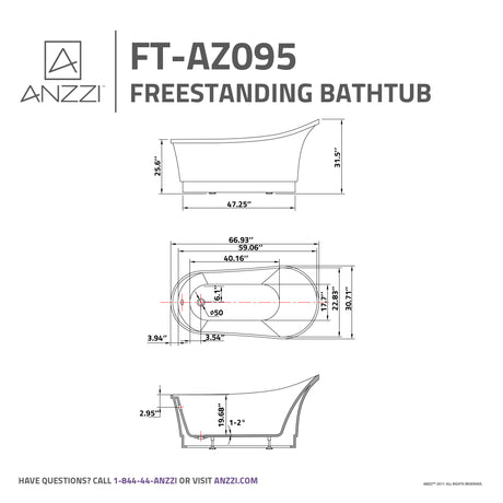ANZZI FT-AZ095-R 67 in. Acrylic Flatbottom Non-Whirlpool Bathtub in White