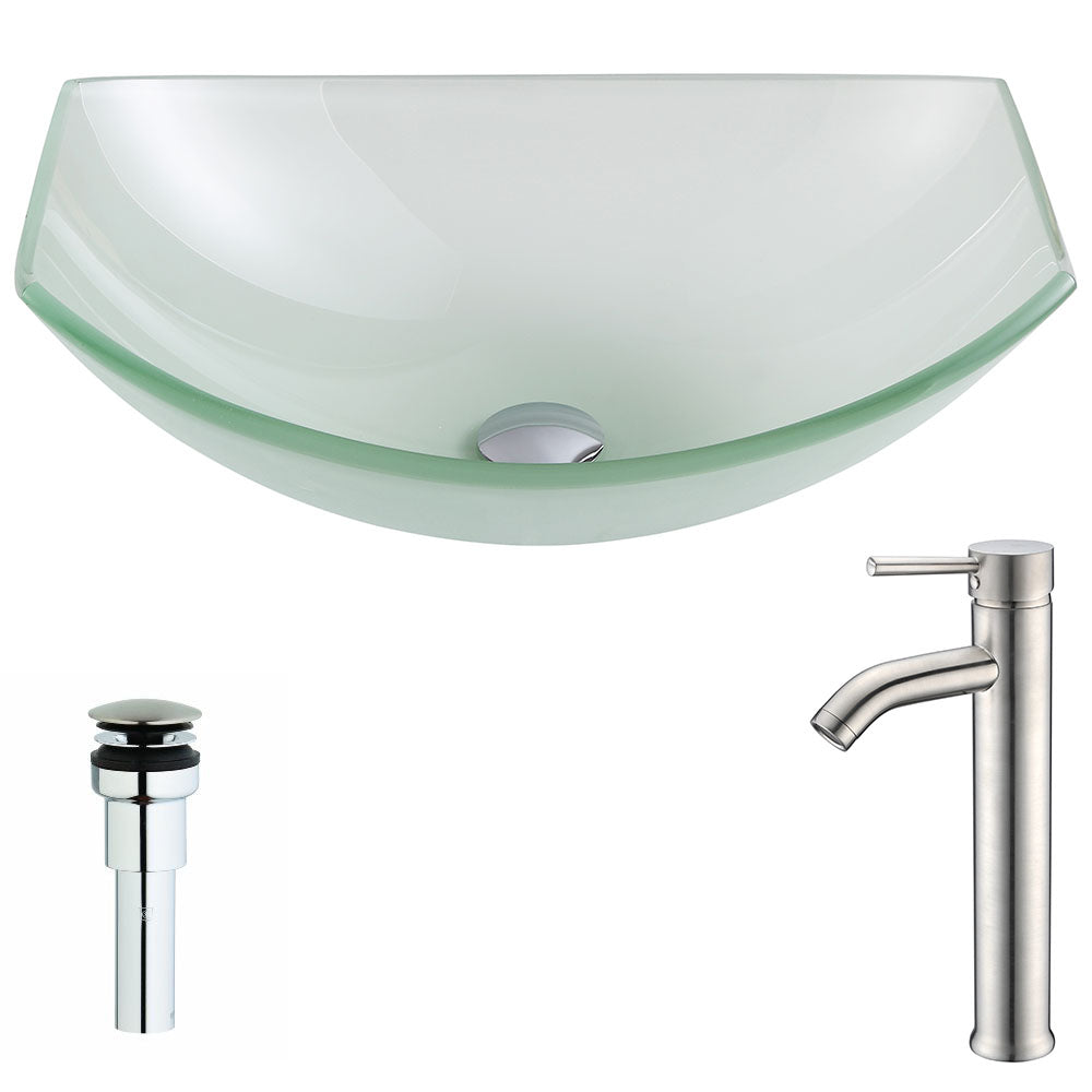 ANZZI LSAZ085-040 Pendant Series Deco-Glass Vessel Sink in Lustrous Frosted with Fann Faucet in Brushed Nickel