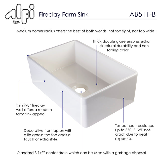 ALFI brand AB511-B Biscuit 30" Decorative Lip Apron Single Bowl Fireclay Farmhouse Kitchen Sink