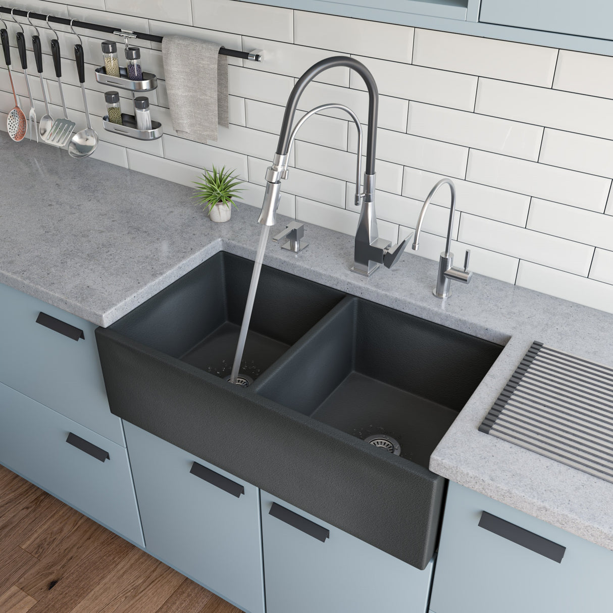 Brushed Nickel Square Kitchen Faucet with Black Rubber Stem