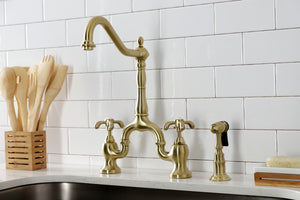 Kingston Brass KS7757TXBS French Country Bridge Kitchen Faucet with Brass Sprayer, Brushed Brass