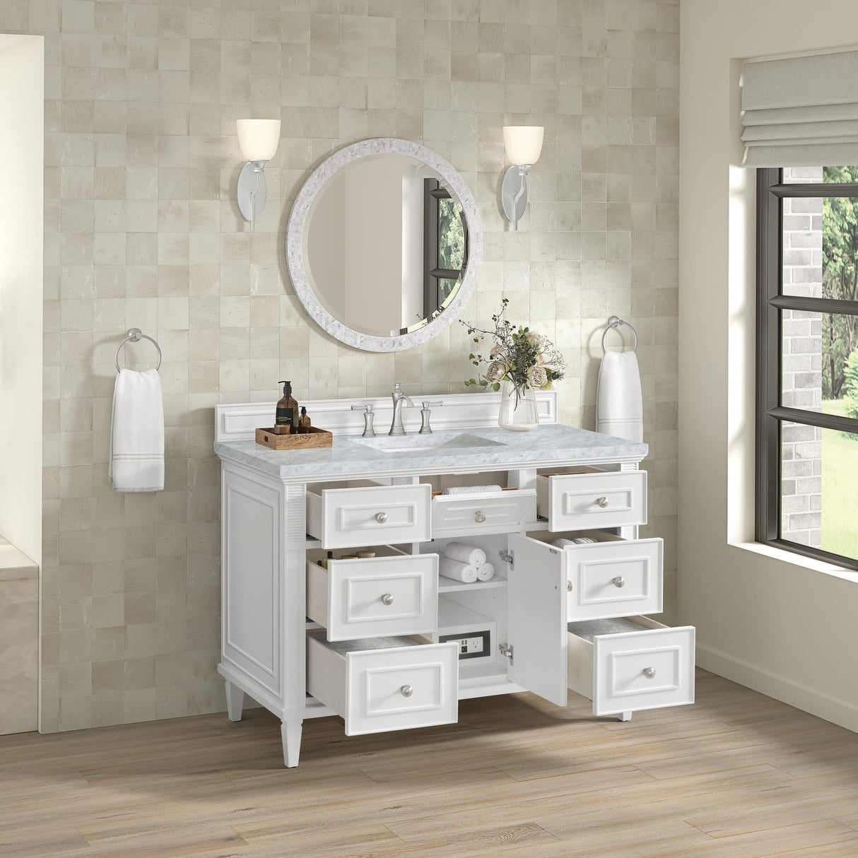 Lorelai 48" Single Vanity, Bright White w/ 3 CM Carrara White Marble Top