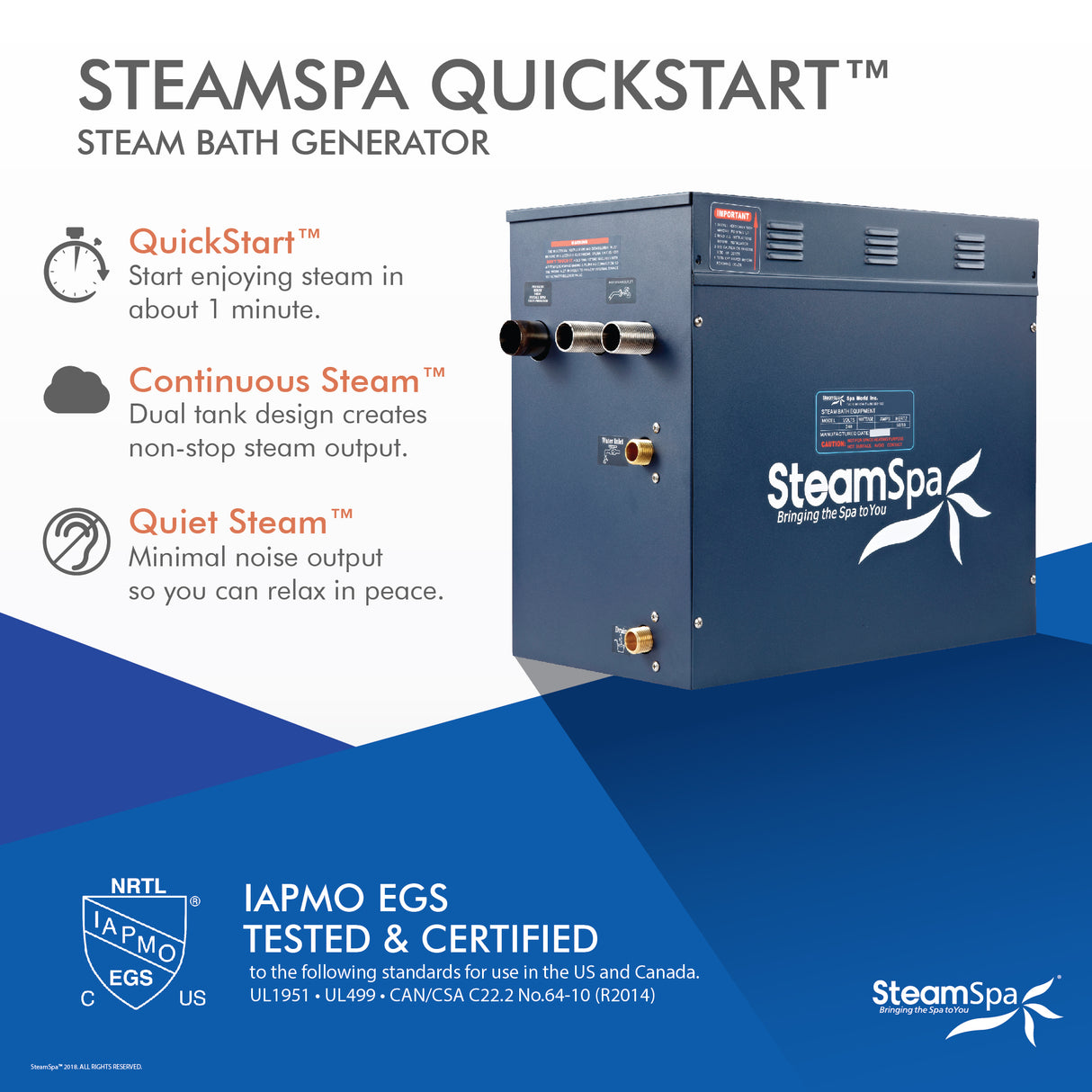 SteamSpa Royal 12 KW QuickStart Acu-Steam Bath Generator Package with Built-in Auto Drain in Brushed Nickel RYT1200BN-A