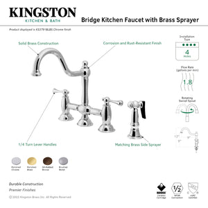 Kingston Brass KS3792BLBS Restoration Bridge Kitchen Faucet with Brass Sprayer, Polished Brass