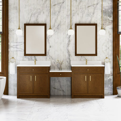 Bellshire 96" Dual Vanity Set with 24" Make-Up Counter, Honey Oak w/Single Hole 3 cm White Zeus Silestone Top & Backsplash