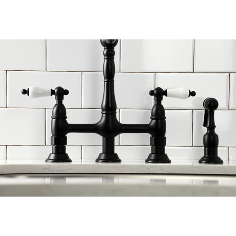 Kingston Brass KS1270PLBS Heritage Bridge Kitchen Faucet with Brass Sprayer, Matte Black