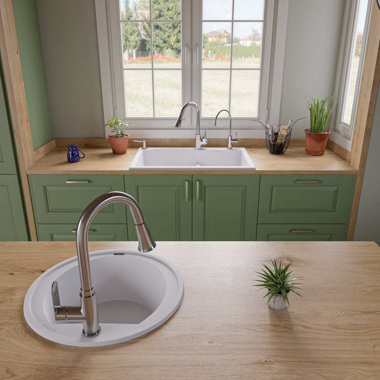 ALFI brand AB3320DI-W White 33" Double Bowl Drop In Granite Composite Kitchen Sink
