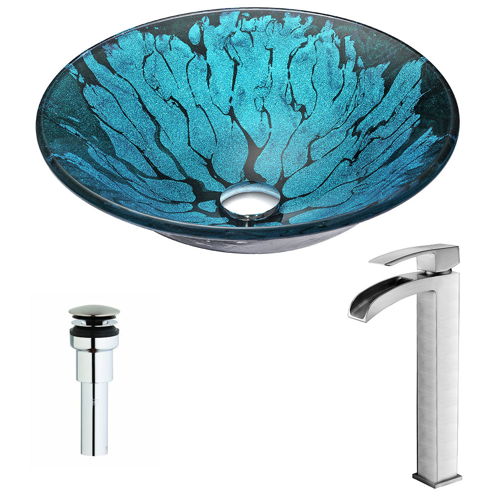ANZZI LSAZ046-097B Key Series Deco-Glass Vessel Sink in Lustrous Blue and Black with Key Faucet in Brushed Nickel