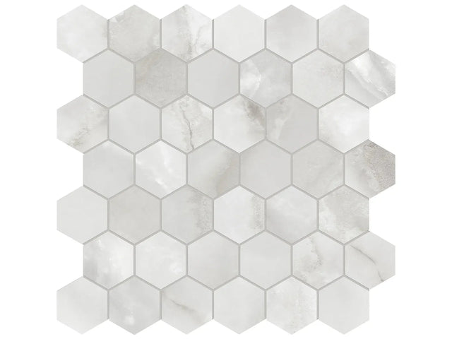 Anatolia Tile La Marca 2 Inch Hexagon Onyx Honed Porcelain Mosaics. 1 Sheet = .96 Sq. Ft. 4501-0354-0 Onyx Nuvolato 2" Hexagon Honed - premium natural stone mosaic tile from Anatolia Tile, available at PoshHaus showroom in Keene, NH