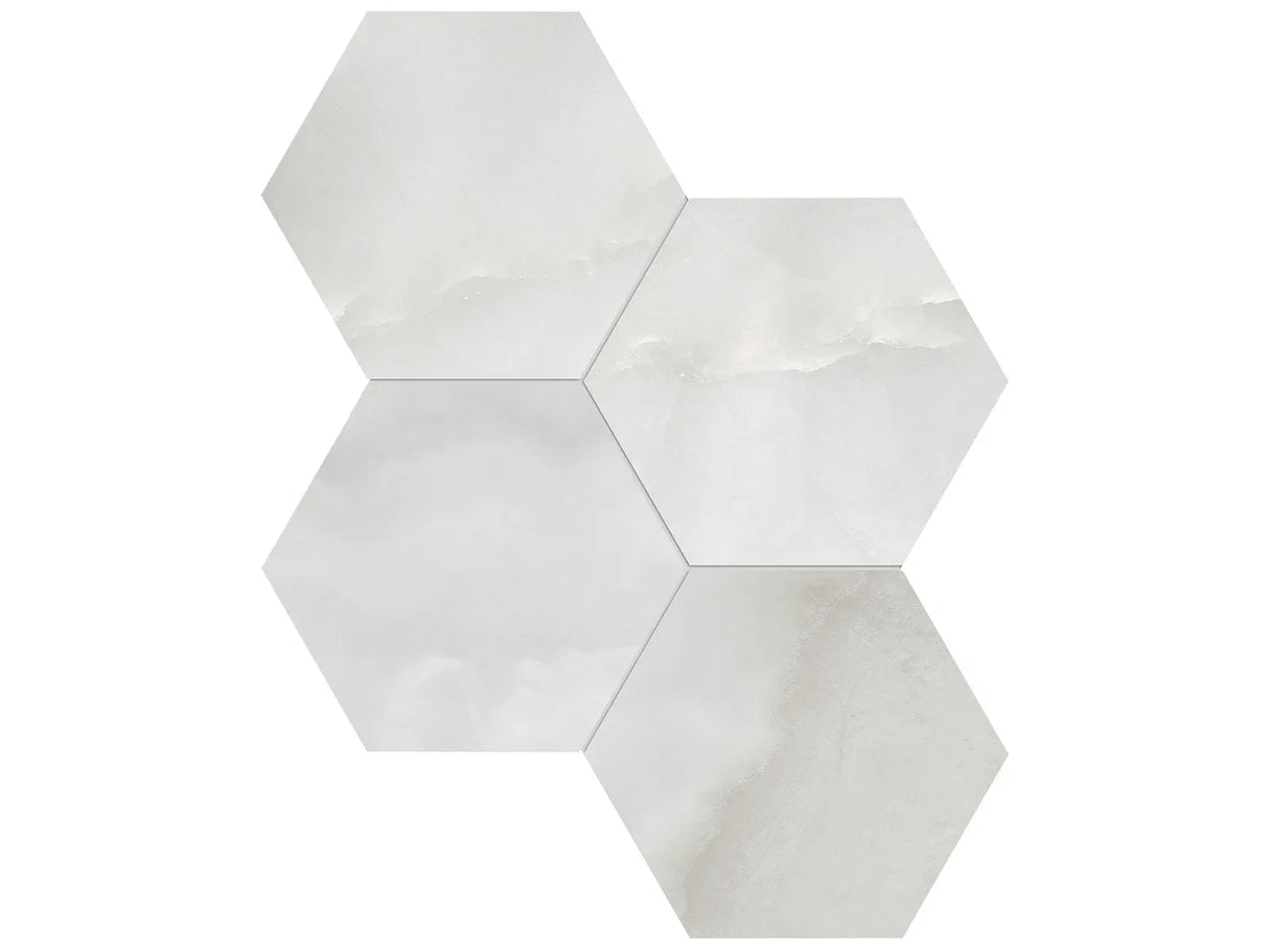 Anatolia Tile 6" Hexagon La Marca Onyx Honed & Rectified Porcelain Mosaic - 1 Sheet = .797 - 4501-0336-0" Onyx Nuvolato 6" Hexagon Honed - premium natural stone mosaic tile from Anatolia Tile, available at PoshHaus showroom in Keene, NH