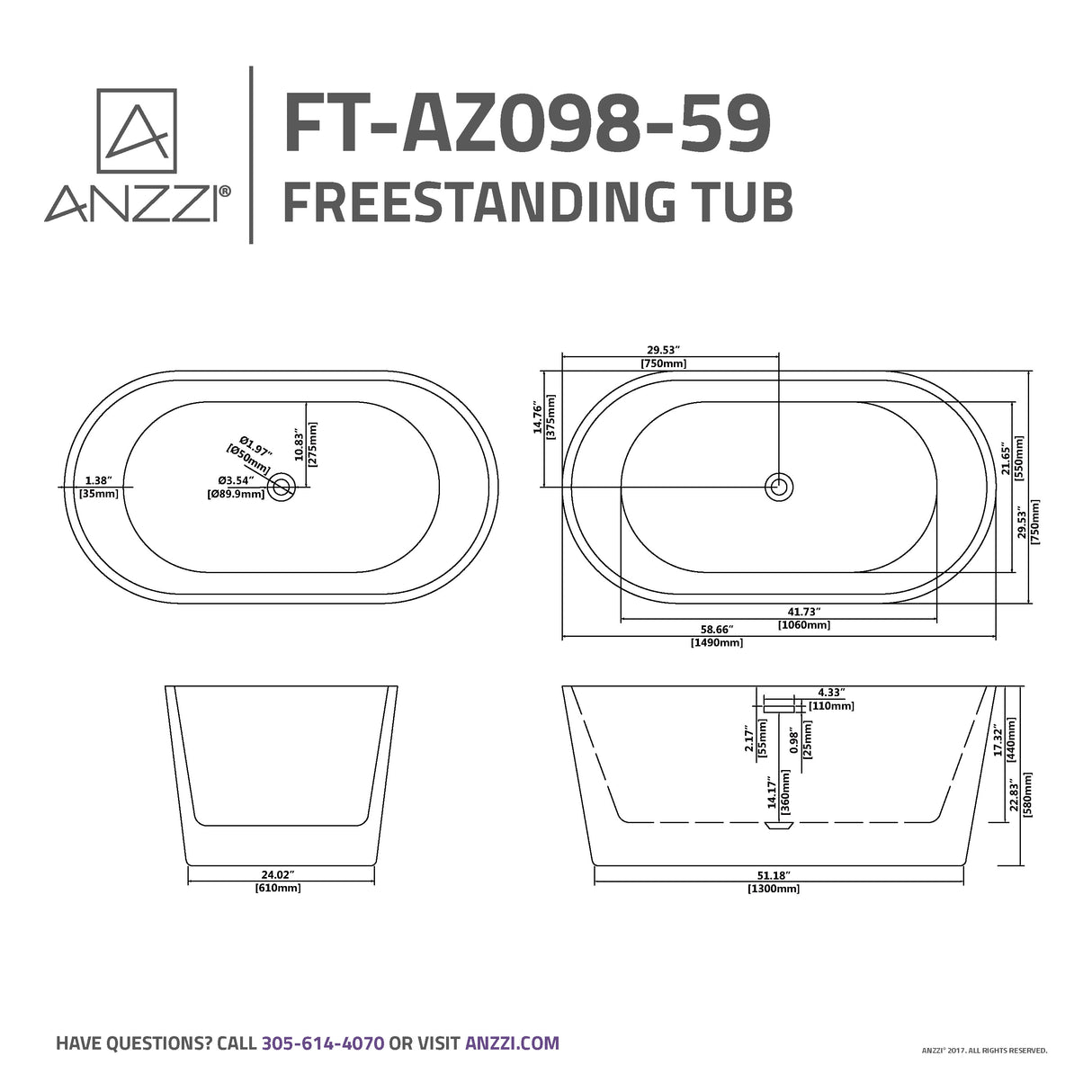 ANZZI FT-AZ098-59 Chand 59 in. Acrylic Flatbottom Freestanding Bathtub in White